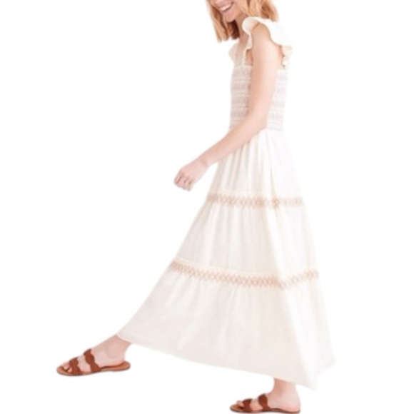 Madewell Lucie Smocked Embroidered Tiered Midi Dress -Lighthouse / Cream - Large - Picture 11 of 14